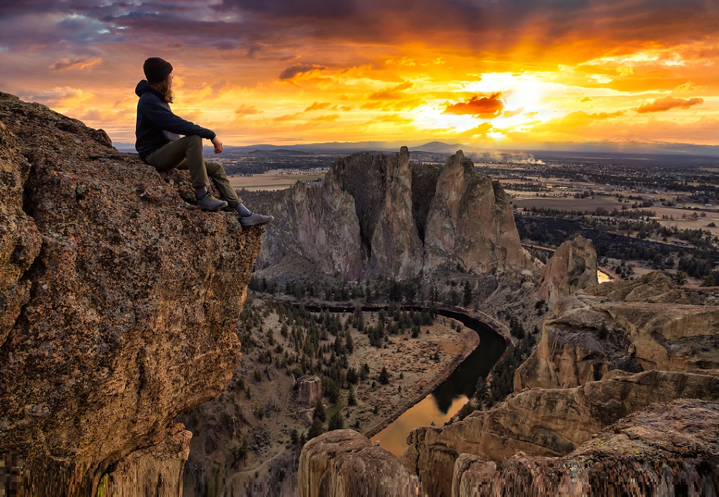 Man enjoying the Beautiful American Mountain Landscape.